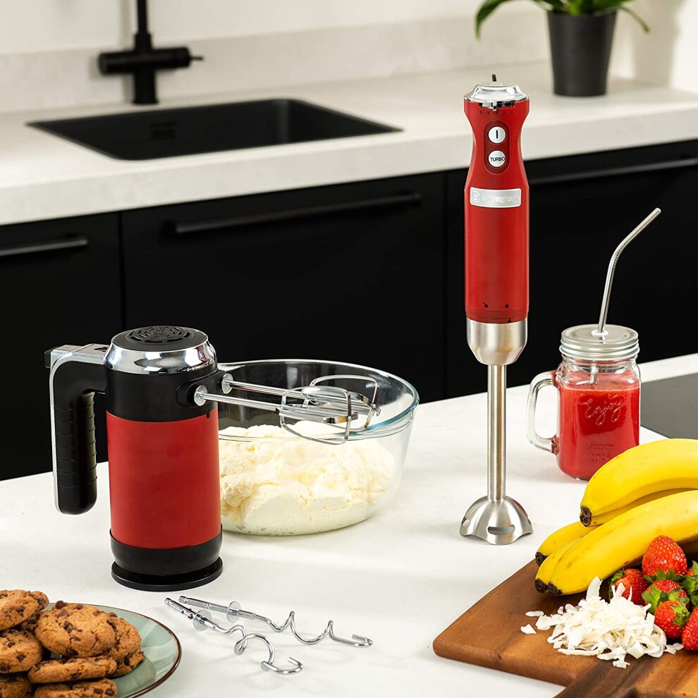 Westinghouse Retro Hand Blender - 600w Handheld Stick Blender for Kitchen - Stainless Steel Electric Soup Blender - Red