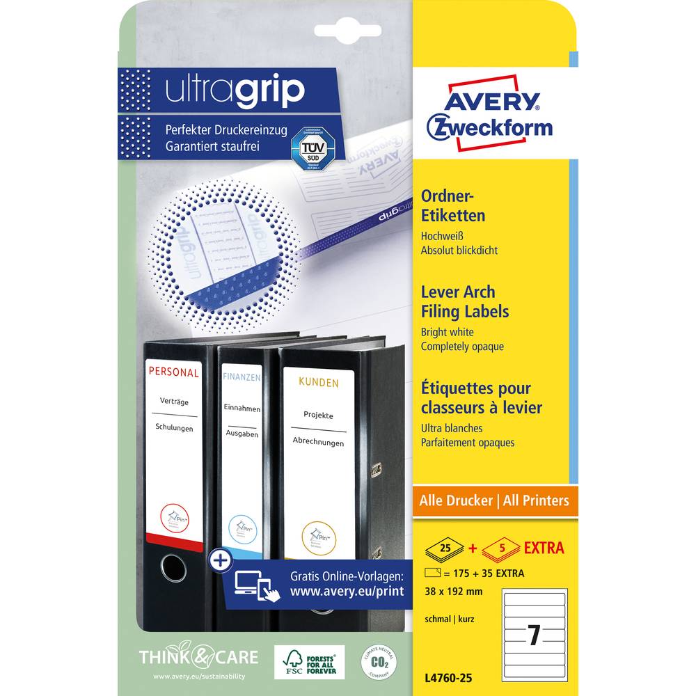 Avery Filing Labels Permanent, 25 + 5 Extra Sheets  , Short , W 38 mm x H 192 mm - White