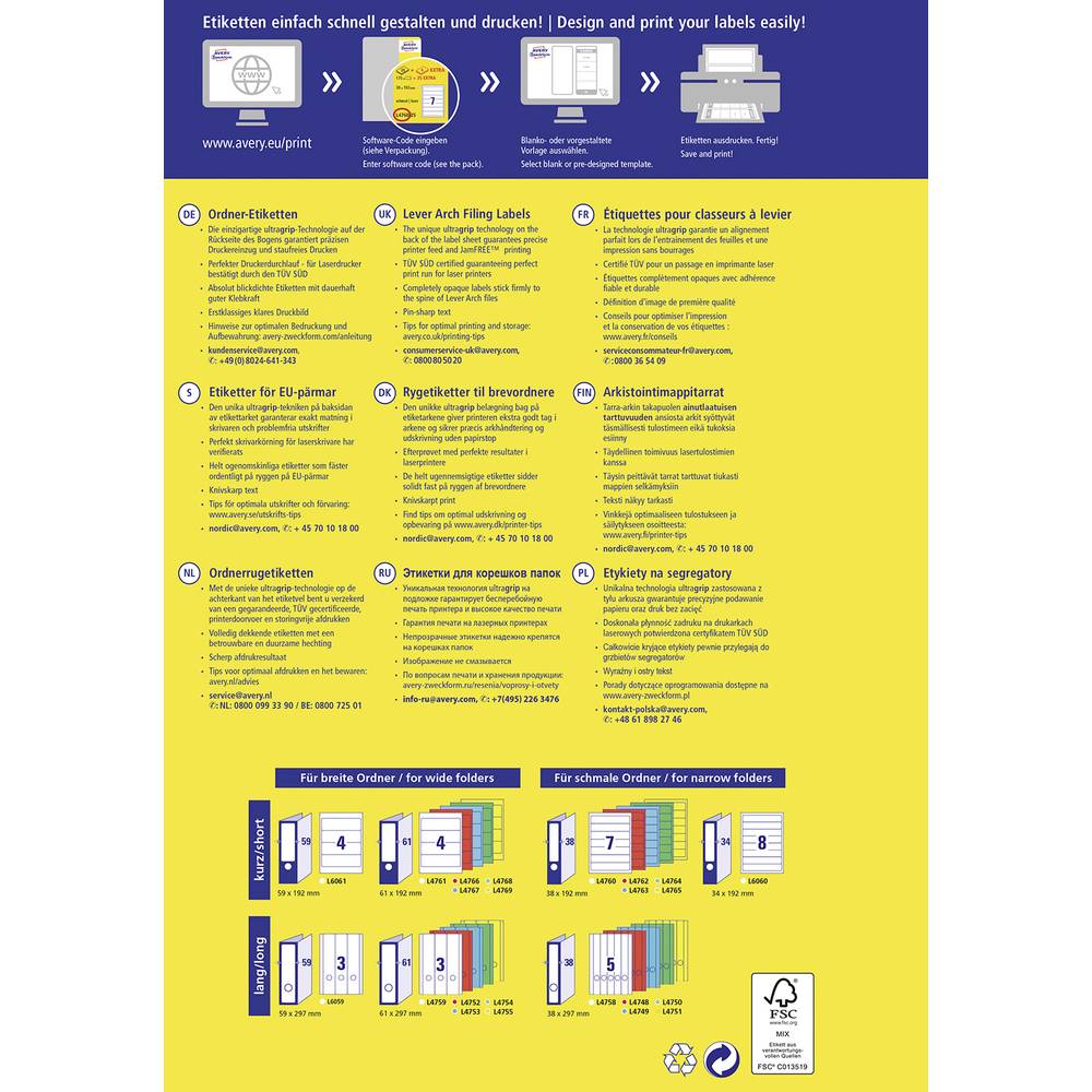 Avery Filing Labels Permanent, 25 + 5 Extra Sheets  , Short , W 38 mm x H 192 mm - White
