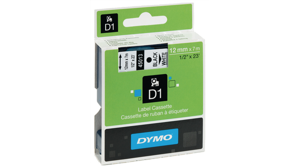 Dymo D1 Plastic Tape Black on White 12 Mmx 7 Meters