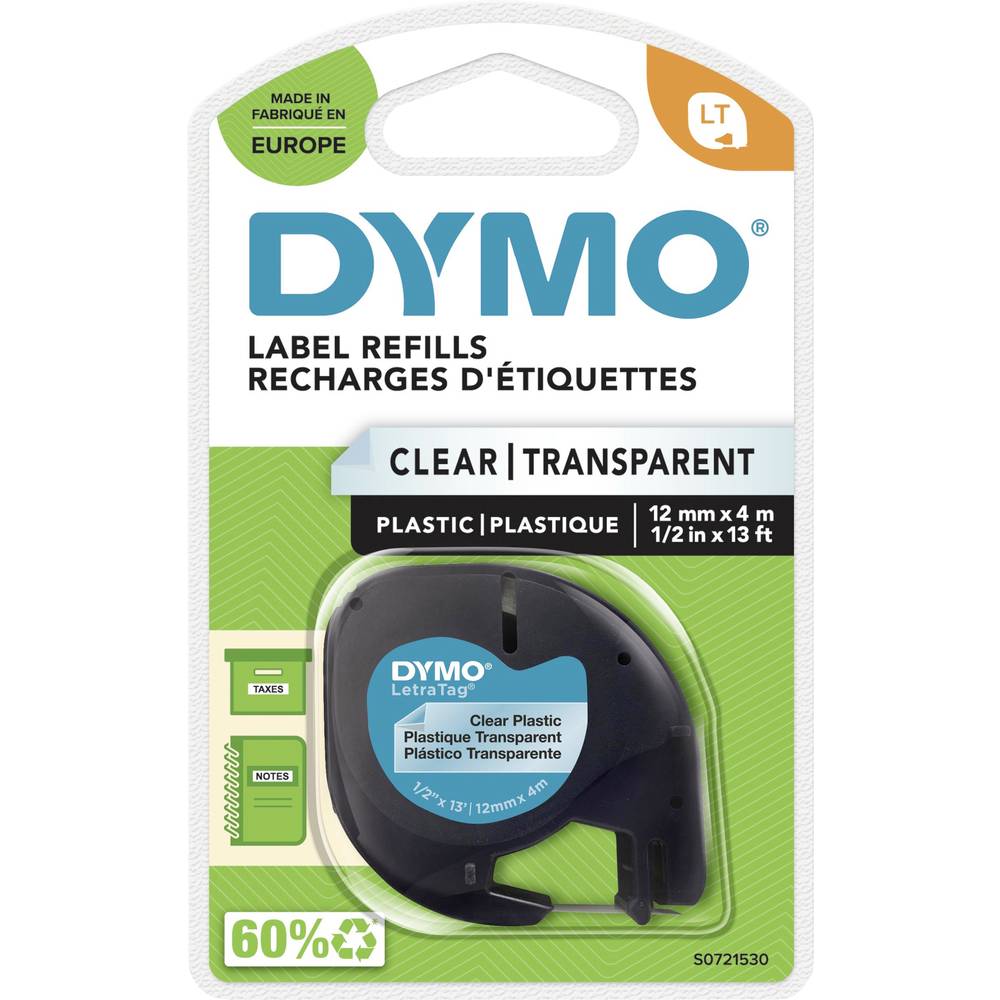 Dymo LT Labelling Tape Color: Transparent Font Color: Black 12 Mm 4 M