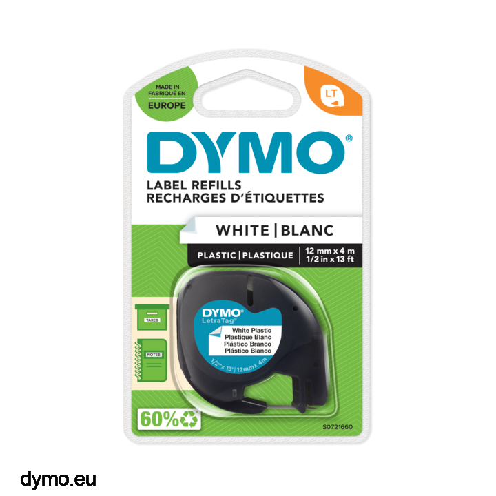 Dymo Letratag Plastic Tape Black on Pearl White 12mm