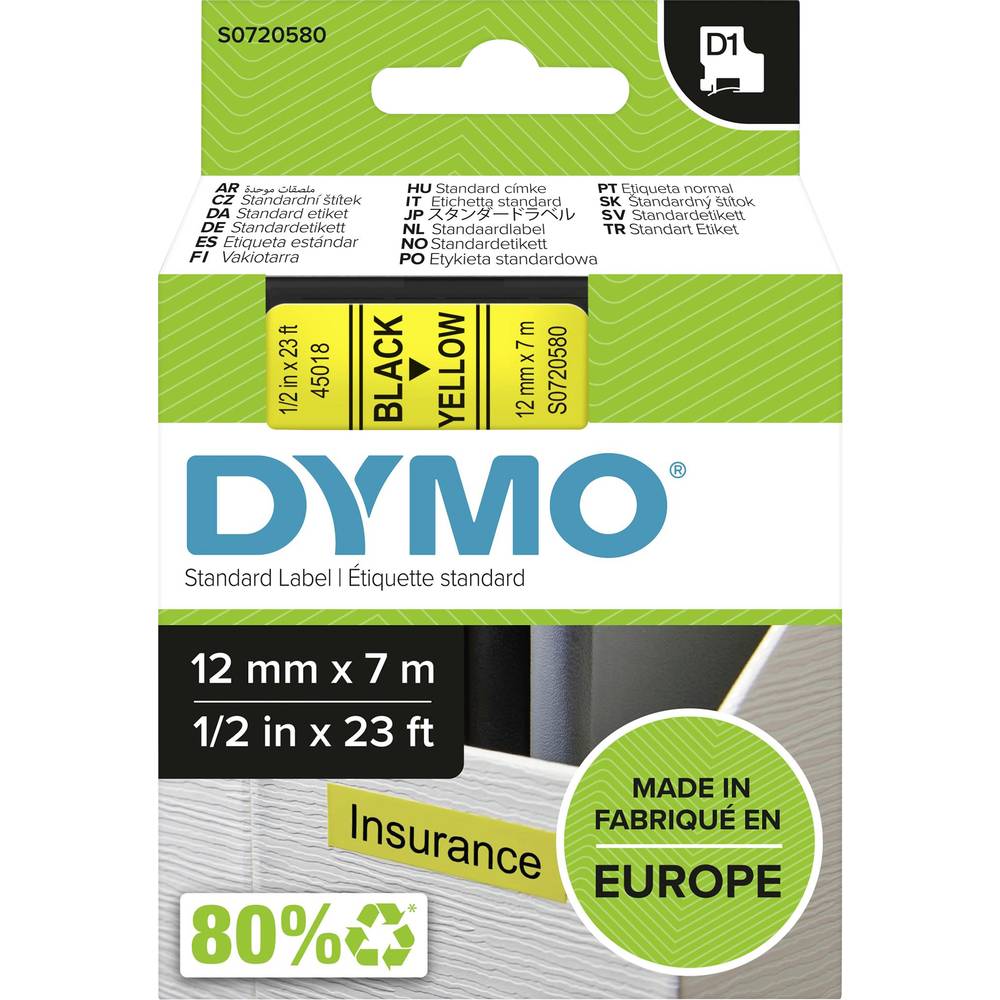 Dymo D1 Labelling Plastic Tape 12mx7meters - Yellow