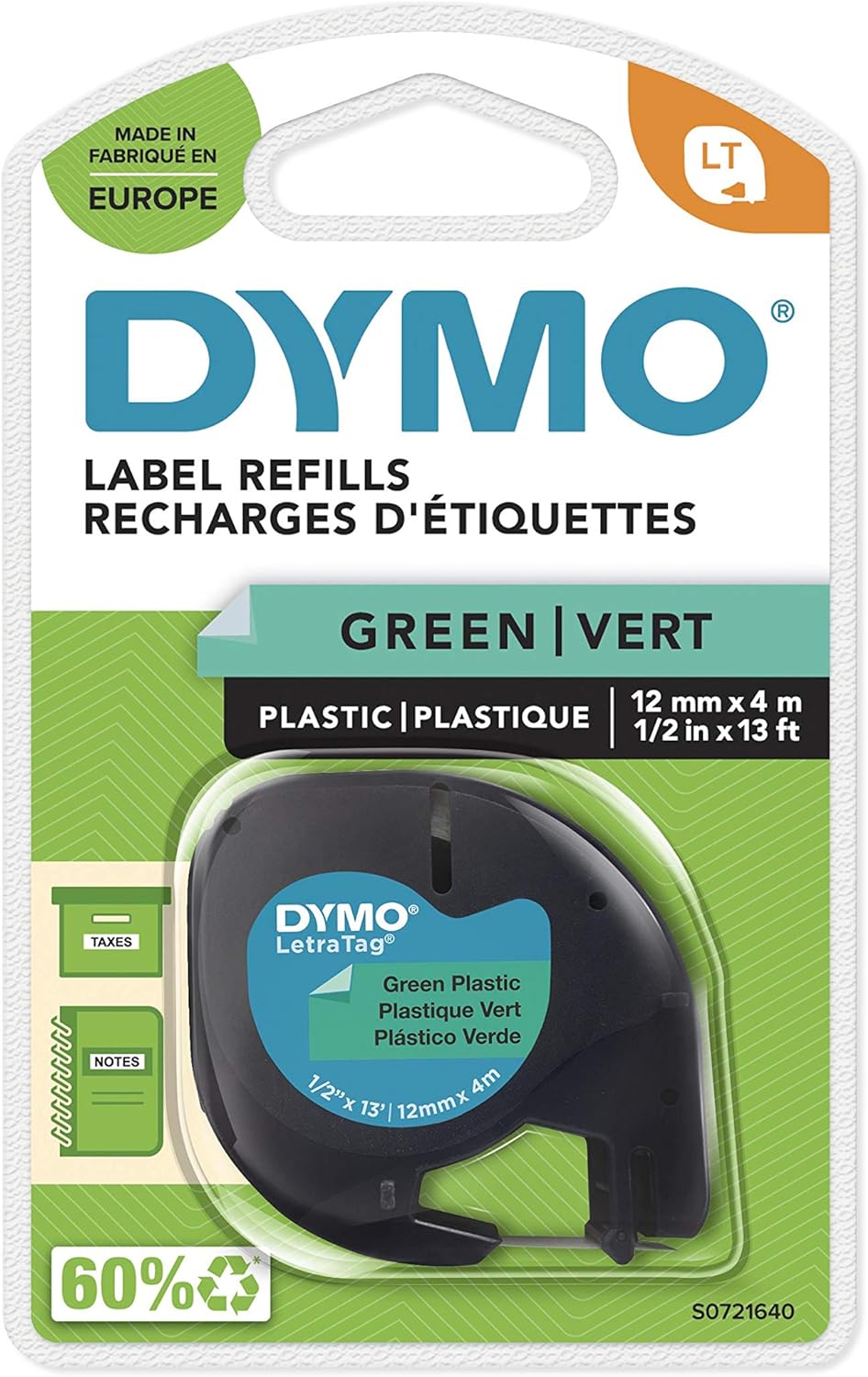 Dymo LetraTag Plastic Label Tape, 12 mm x 4 m Roll - Green