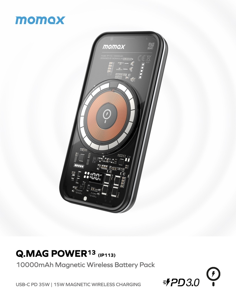 Momax Q.MAG POWER 13 10000mAh Magnetic Wireless Charging Power Bank IP113 - Black