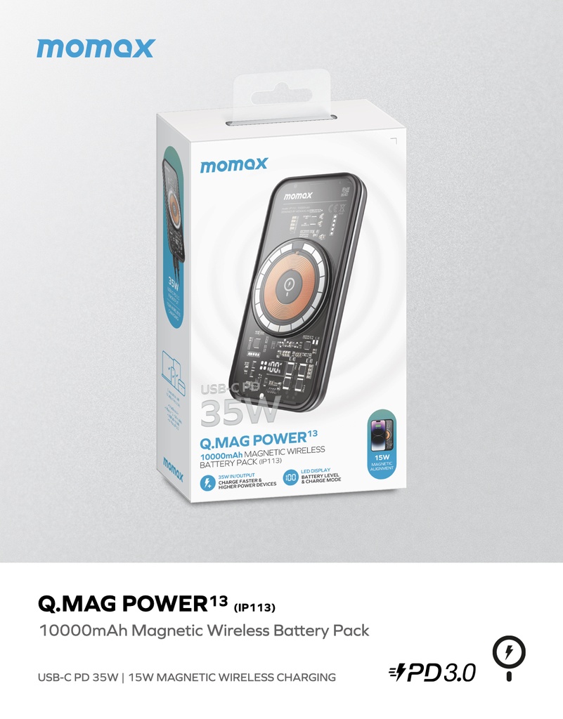 Momax Q.MAG POWER 13 10000mAh Magnetic Wireless Charging Power Bank IP113 - Black