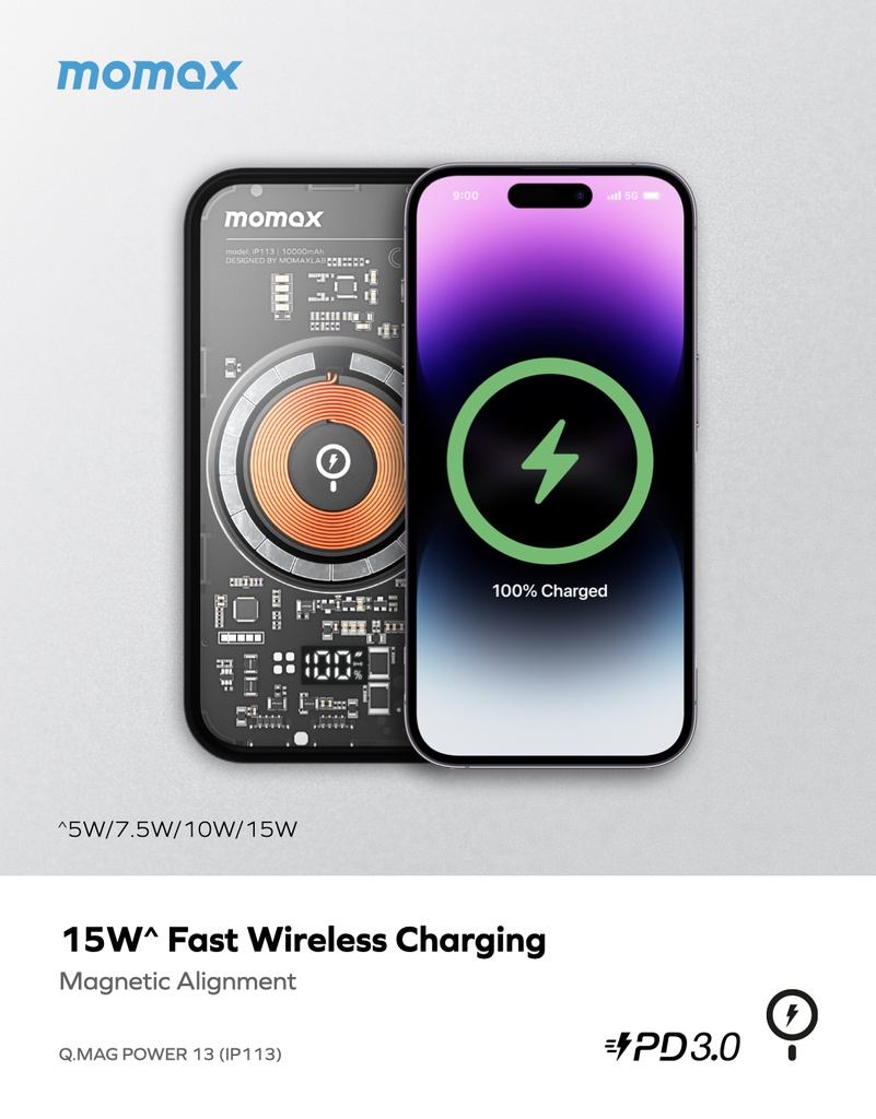 Momax Q.MAG POWER 13 10000mAh Magnetic Wireless Charging Power Bank IP113 - Black