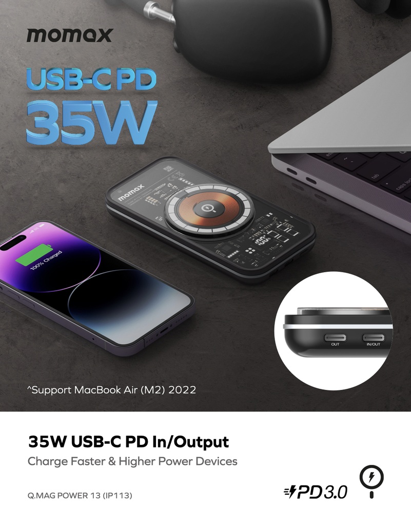 Momax Q.MAG POWER 13 10000mAh Magnetic Wireless Charging Power Bank IP113 - Black