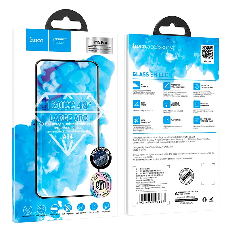 Hoco Protective Glass for iPhone15 Pro Hoco 9d Large Arc Dustproof Glass (A34)