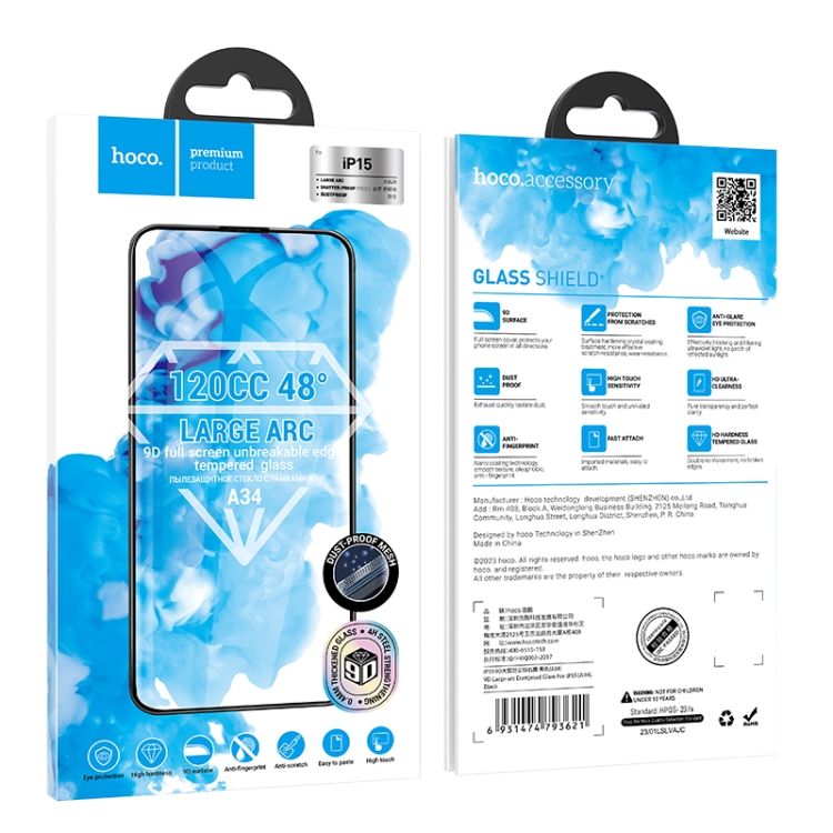 Hoco Protective Glass for iPhone 15, A34, Hoco, 9D Large Arc Dustproof Glass, Black