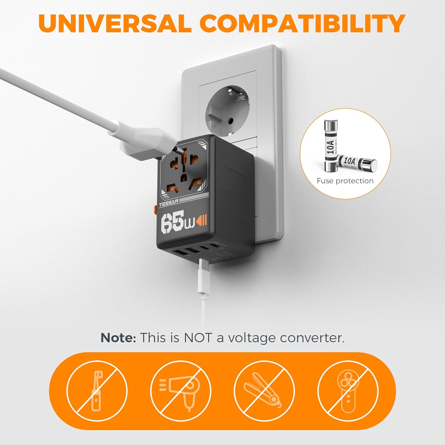 Tessan Universal Travel Adapter, GaN 65W International Plug Adaptor with 4 USB(2 USB C) Charging Ports, Worldwide Power Outlet for US to European EU UK AUS Ireland(Type C/G/A/I)