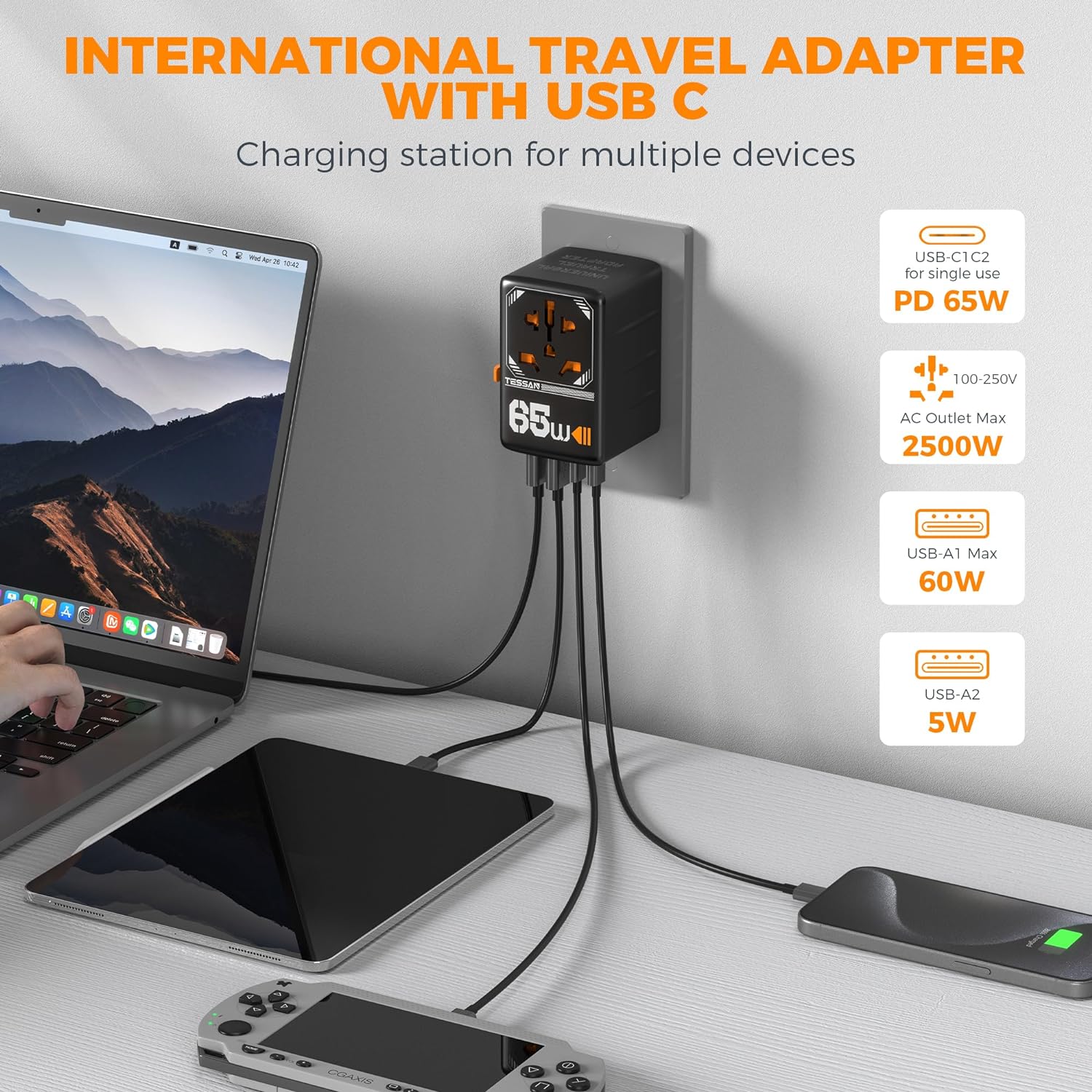 Tessan Universal Travel Adapter, GaN 65W International Plug Adaptor with 4 USB(2 USB C) Charging Ports, Worldwide Power Outlet for US to European EU UK AUS Ireland(Type C/G/A/I)