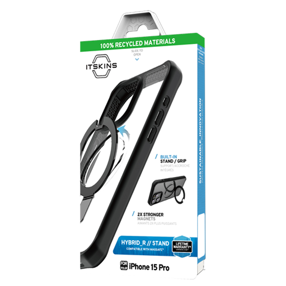 Itskins Hybrid Stand Case Compatible With Magsafe For iPhone 15 Pro - Black & Transparent
