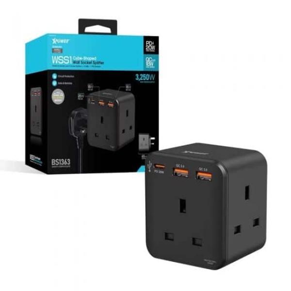 XPower WSS1 PD 20W 3-Outlet Cube Extension Socket - Black