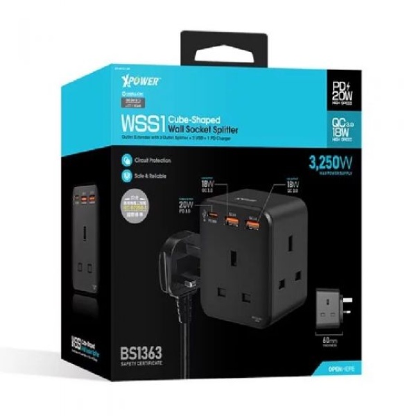 XPower WSS1 PD 20W 3-Outlet Cube Extension Socket - Black