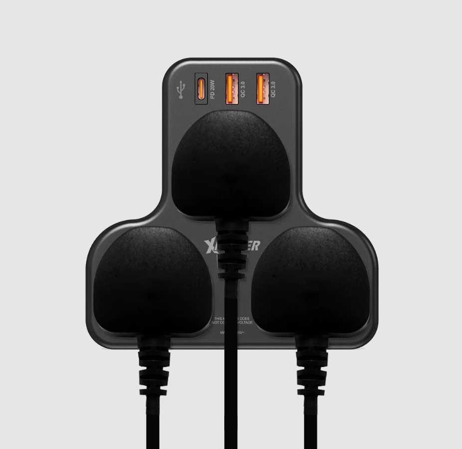 XPower WSS2 PD 20W 3 Outlet T-Shaped Extension Socket - Black