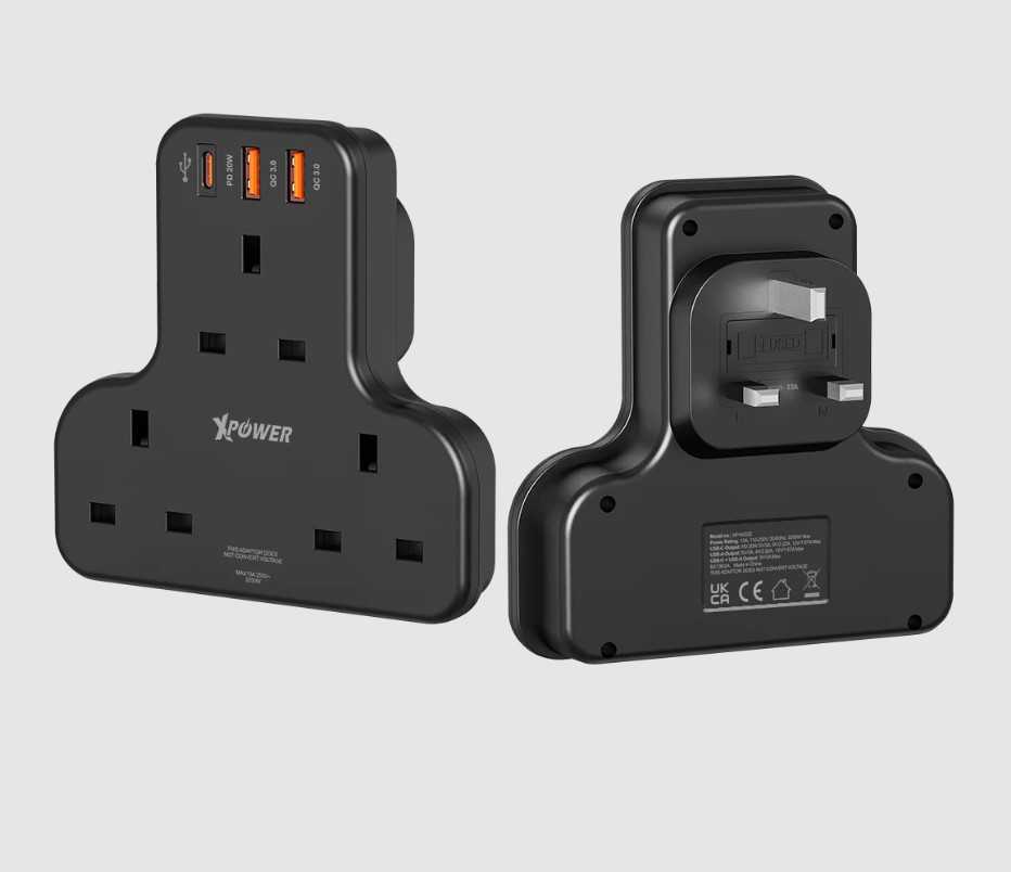 XPower WSS2 PD 20W 3 Outlet T-Shaped Extension Socket - Black