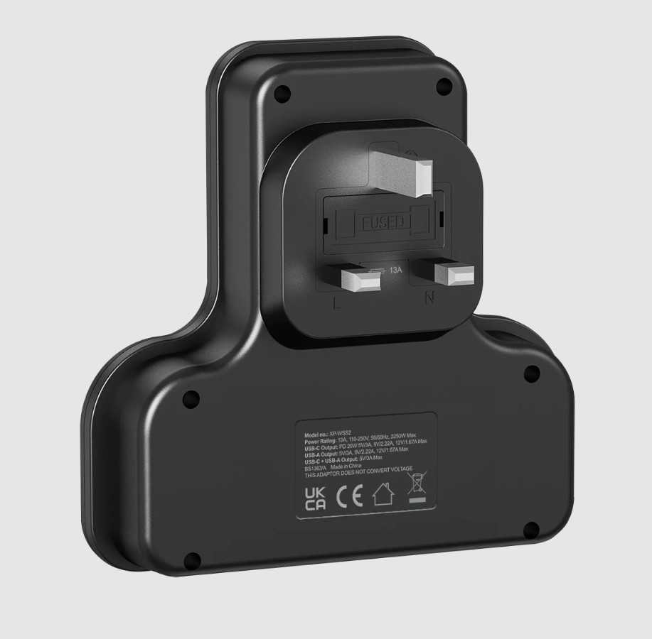 XPower WSS2 PD 20W 3 Outlet T-Shaped Extension Socket - Black
