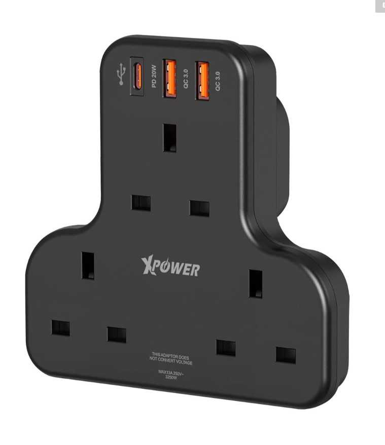 XPower WSS2 PD 20W 3 Outlet T-Shaped Extension Socket - Black