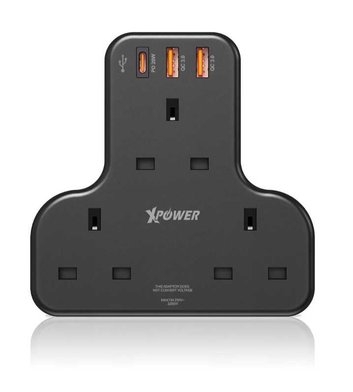 XPower WSS2 PD 20W 3 Outlet T-Shaped Extension Socket - Black