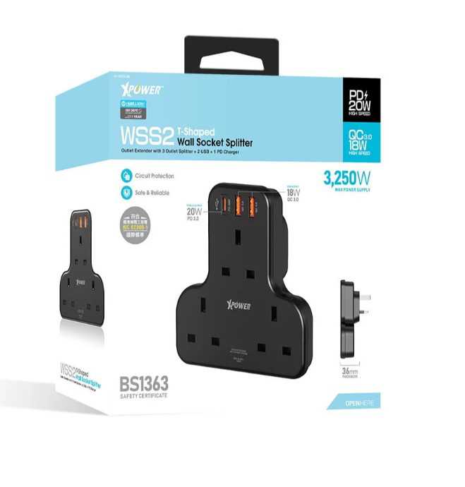 XPower WSS2 PD 20W 3 Outlet T-Shaped Extension Socket - Black