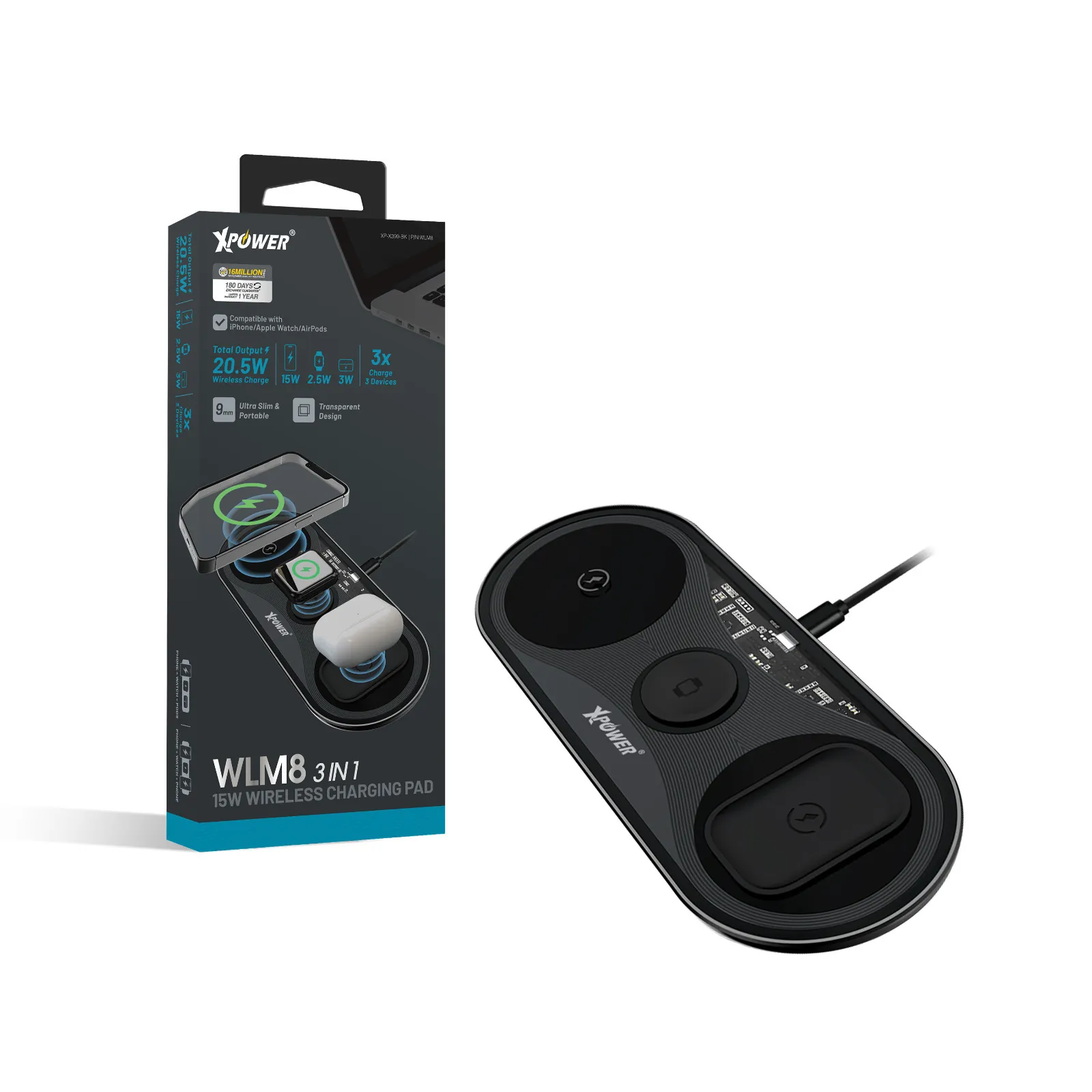 XPower WLM8 3 in 1 15w Wireless Charging Pad - Black
