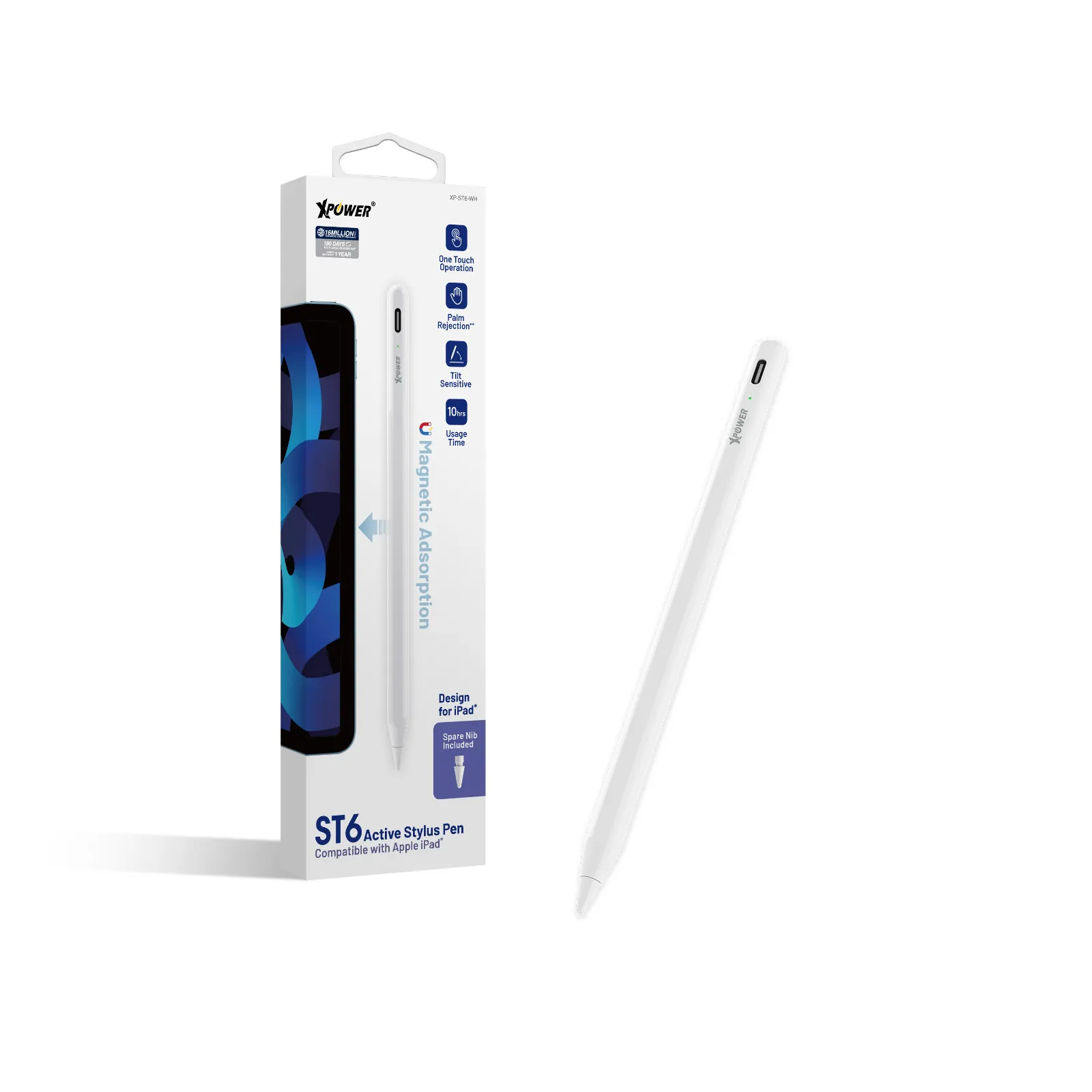 XPower ST6 Magnetic Active Stylus Pencil Compatible With Apple iPad with One Extra Nib- White