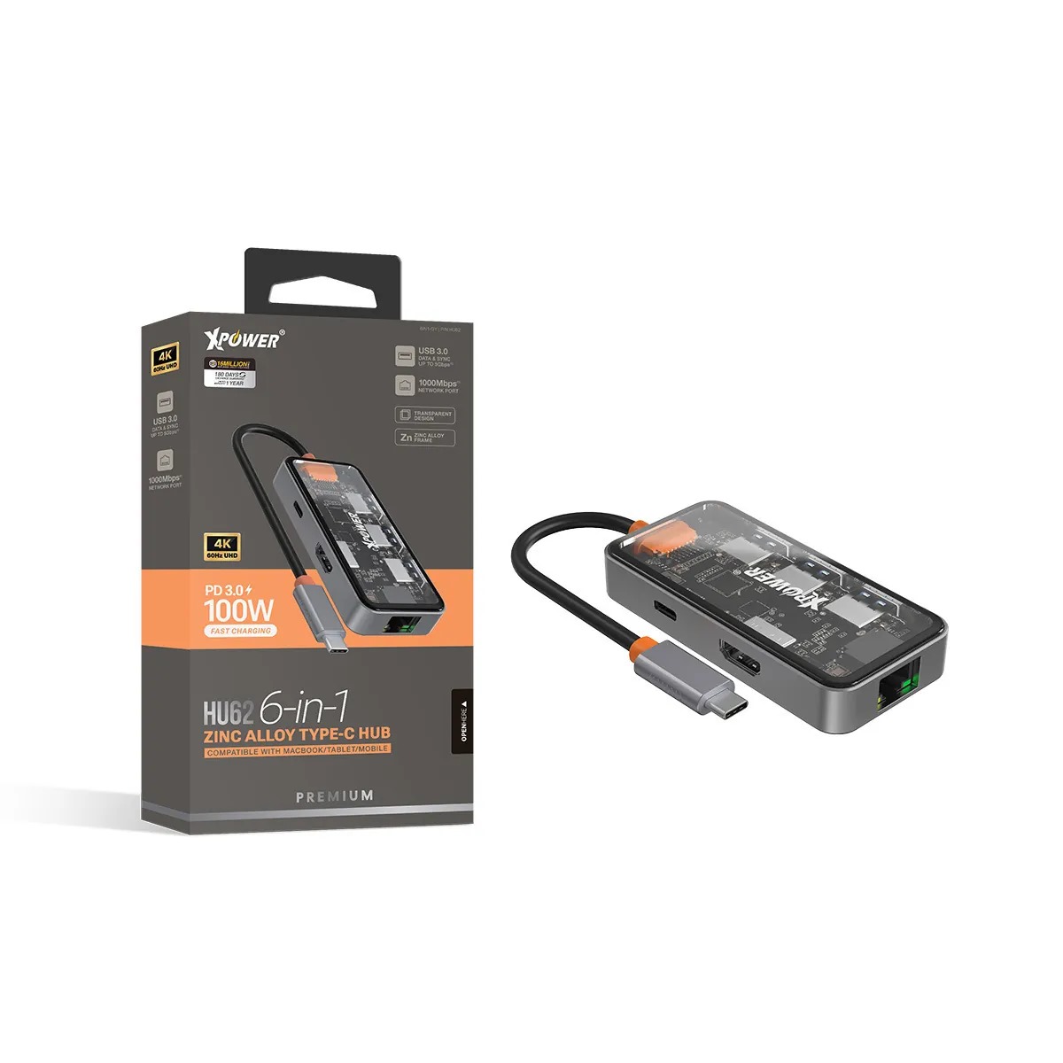 XPower HU62 6 In 1 100W PD Type-C Hub - Transparent Grey