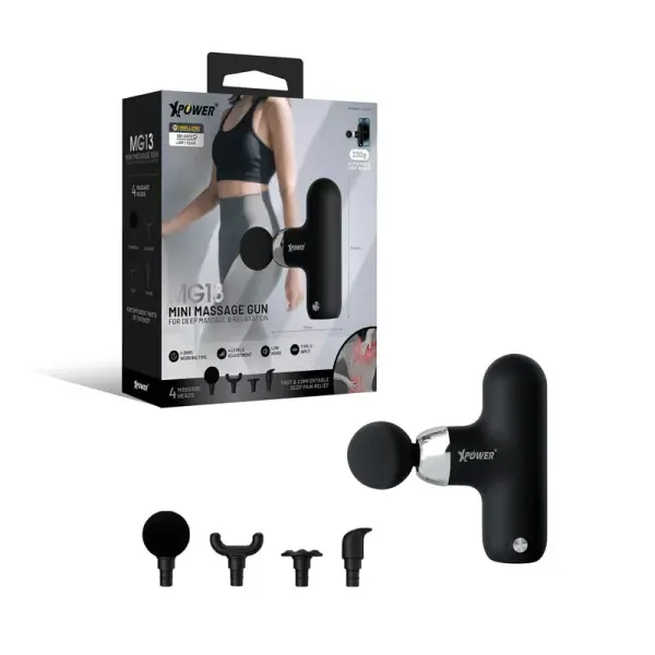 XPower MG13 Mini Massage Gun With 4 Massage Heads - Black