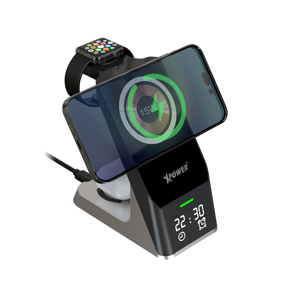 XPower WLS11 6 in 1 15w Magnetic Wireless Charging Station With Clock Display & Alarm Clock - Black