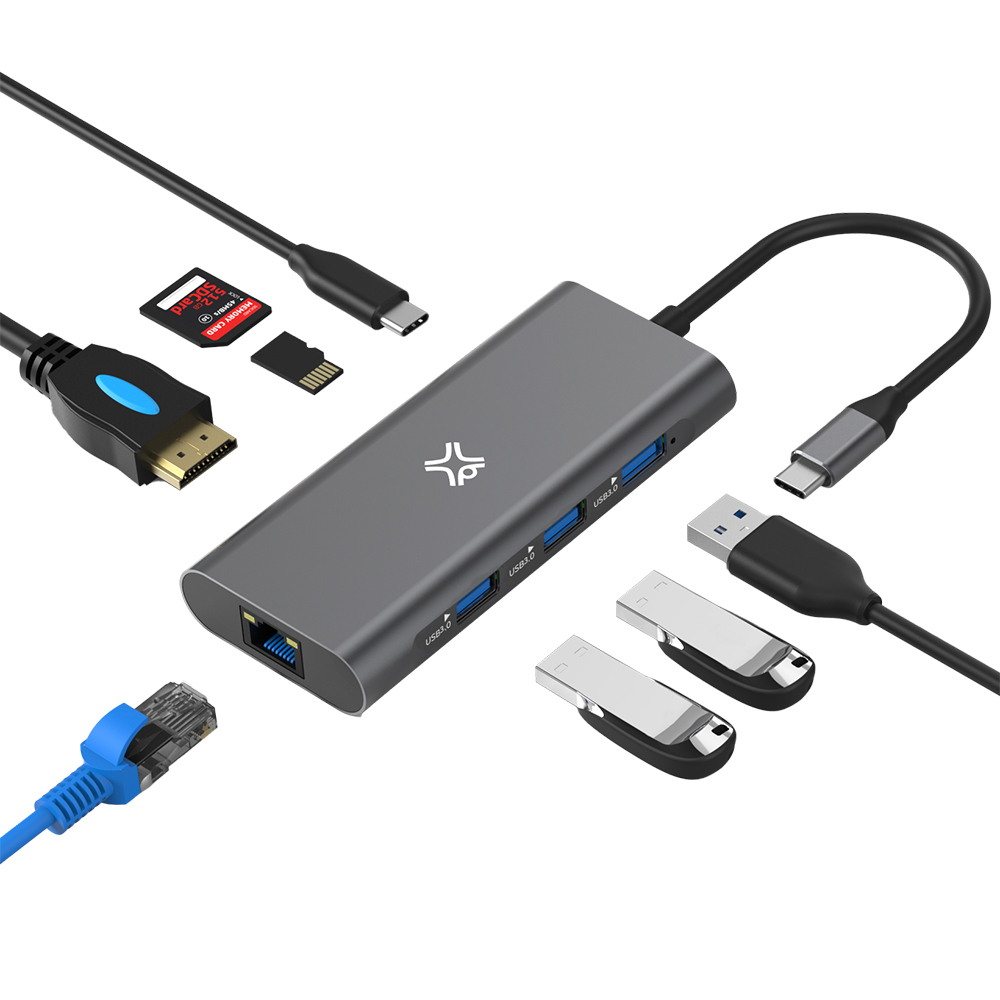 XtremeMac Type-C to USB-A Hub Adapter w/ 8 Ports - Space Grey