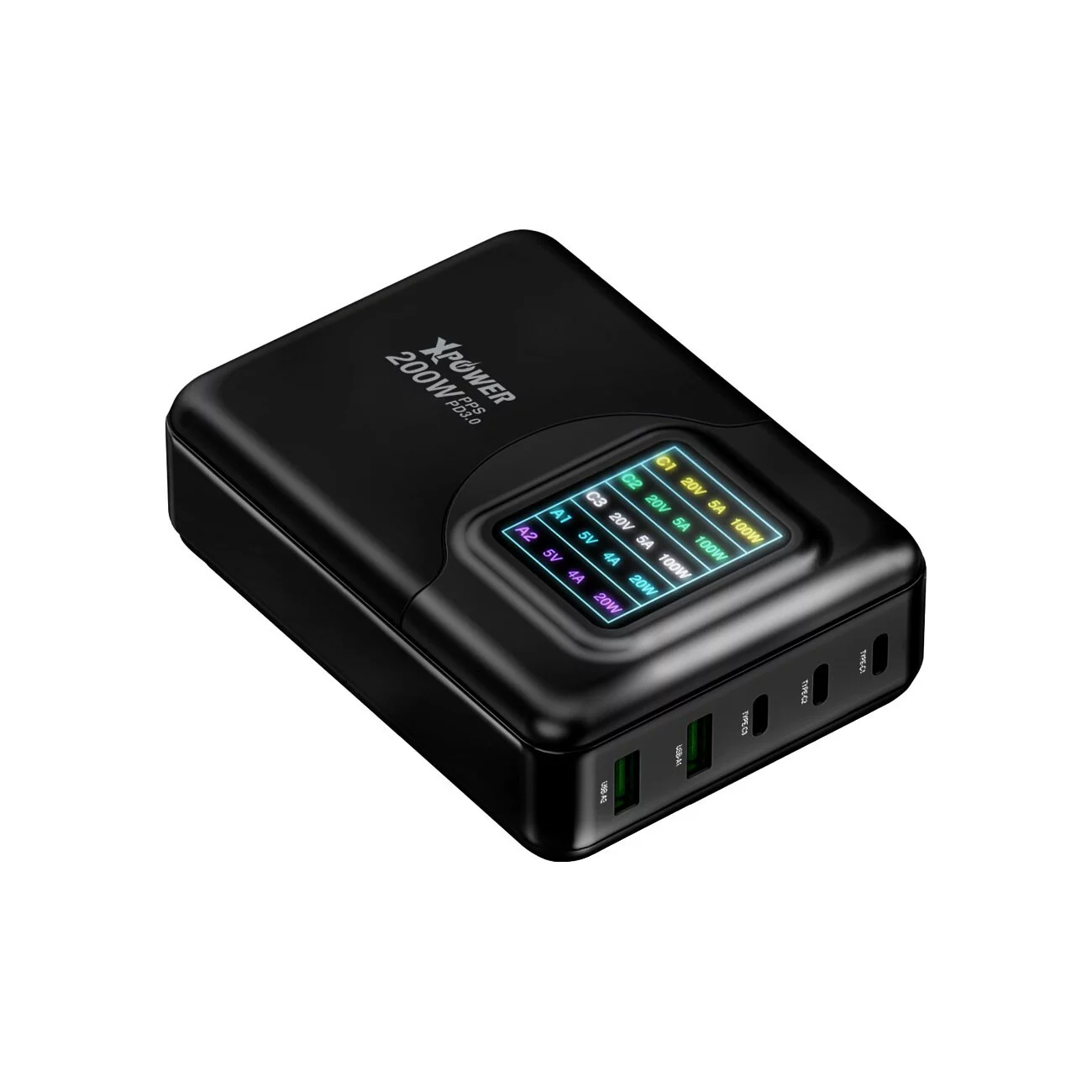 XPower GW200B 200W 4 Output PD 3.0/Qc/Scp Gan Wall Charger - Black