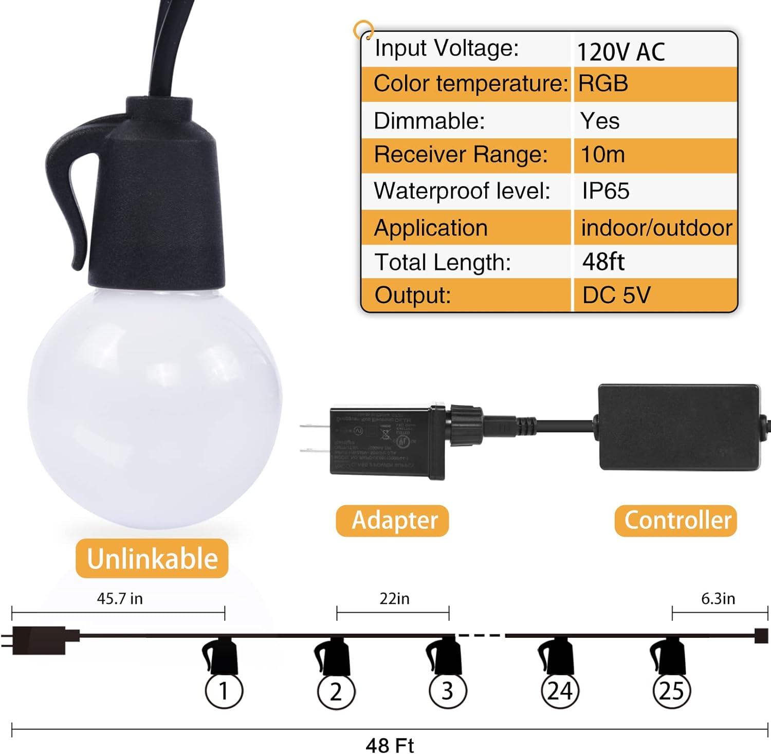Outdoors Light String Water-proof With Remote Control Bluetooth Version UK Plug 15 Meters With 15 Pcs of Bulb