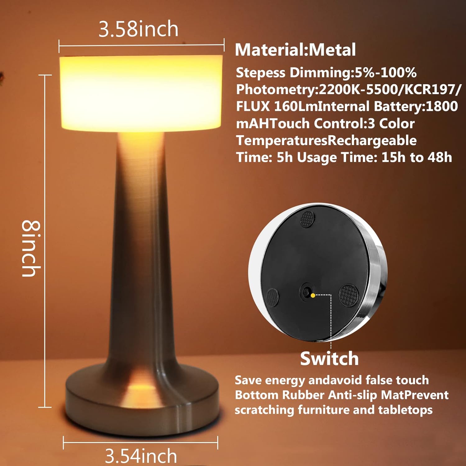 SkyKey Rechargeable Touch Table Lamp LED Bedside & Desk Light - Silver
