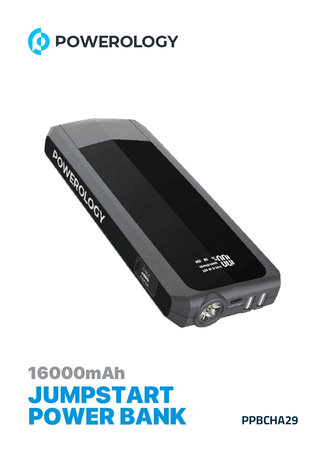 Powerology Emergency 12V Jump Starter with 16000 mAh Powerbank 18W PD QC3.0 - Black