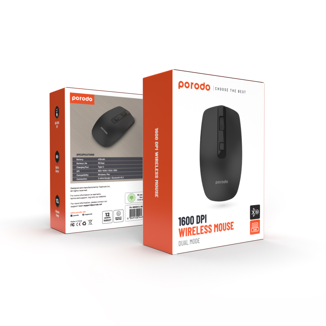 Porodo 1600 DPI Wireless Mouse Dual Mode - Black
