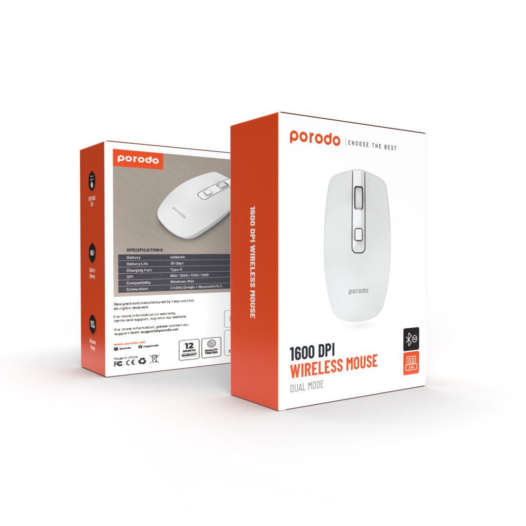 Porodo 1600 DPI Wireless Mouse Dual Mode - White