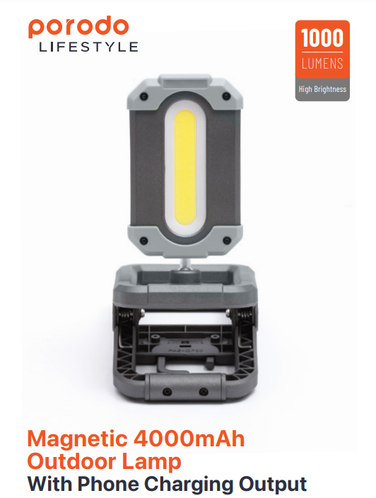 Porodo LifeStyle Outdoor 4000mAh 10W Magnetic Lamp with Power Bank- Black/Grey