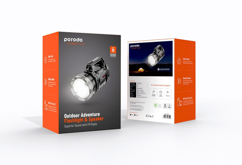 Porodo LifeStyle Outdoor 10W 3-in-1 Flashlight with FM Radio and Bluetooth Speaker - Black/Grey