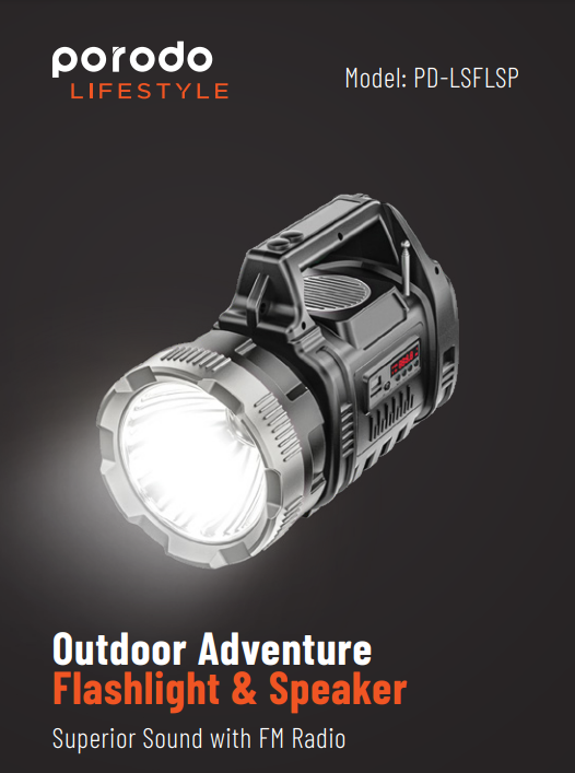 Porodo LifeStyle Outdoor 10W 3-in-1 Flashlight with FM Radio and Bluetooth Speaker - Black/Grey