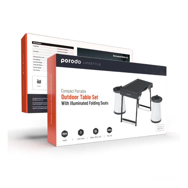 Porodo Camping Foldable Desk and LED (White/Yellow) Stool Set - Grey