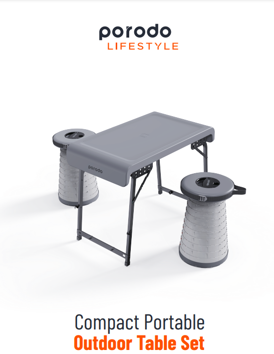 Porodo Camping Foldable Desk and LED (White/Yellow) Stool Set - Grey