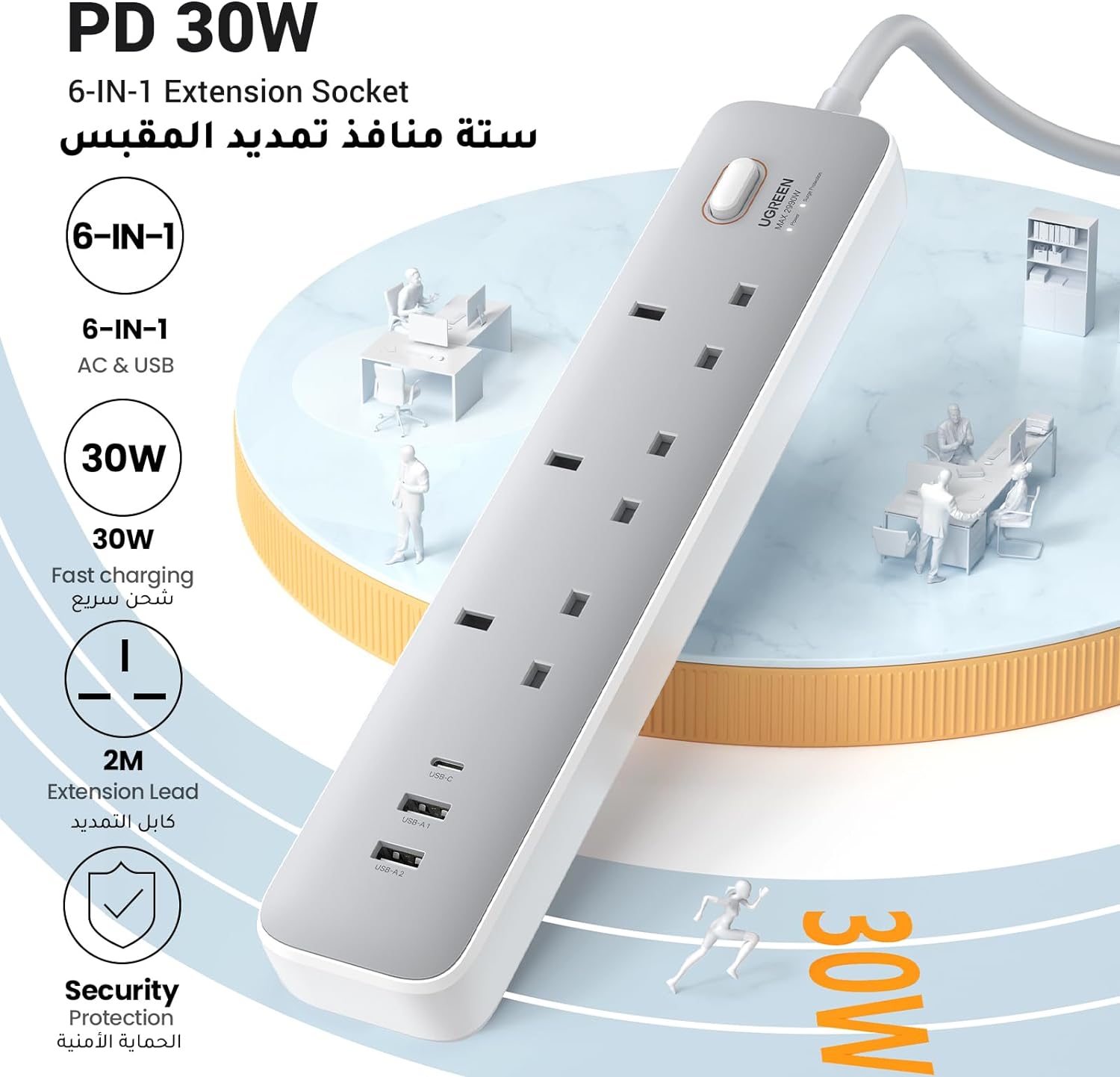 UGREEN 15461 30W 3 AC Power Strip with Master Switch (2A1C) CD286