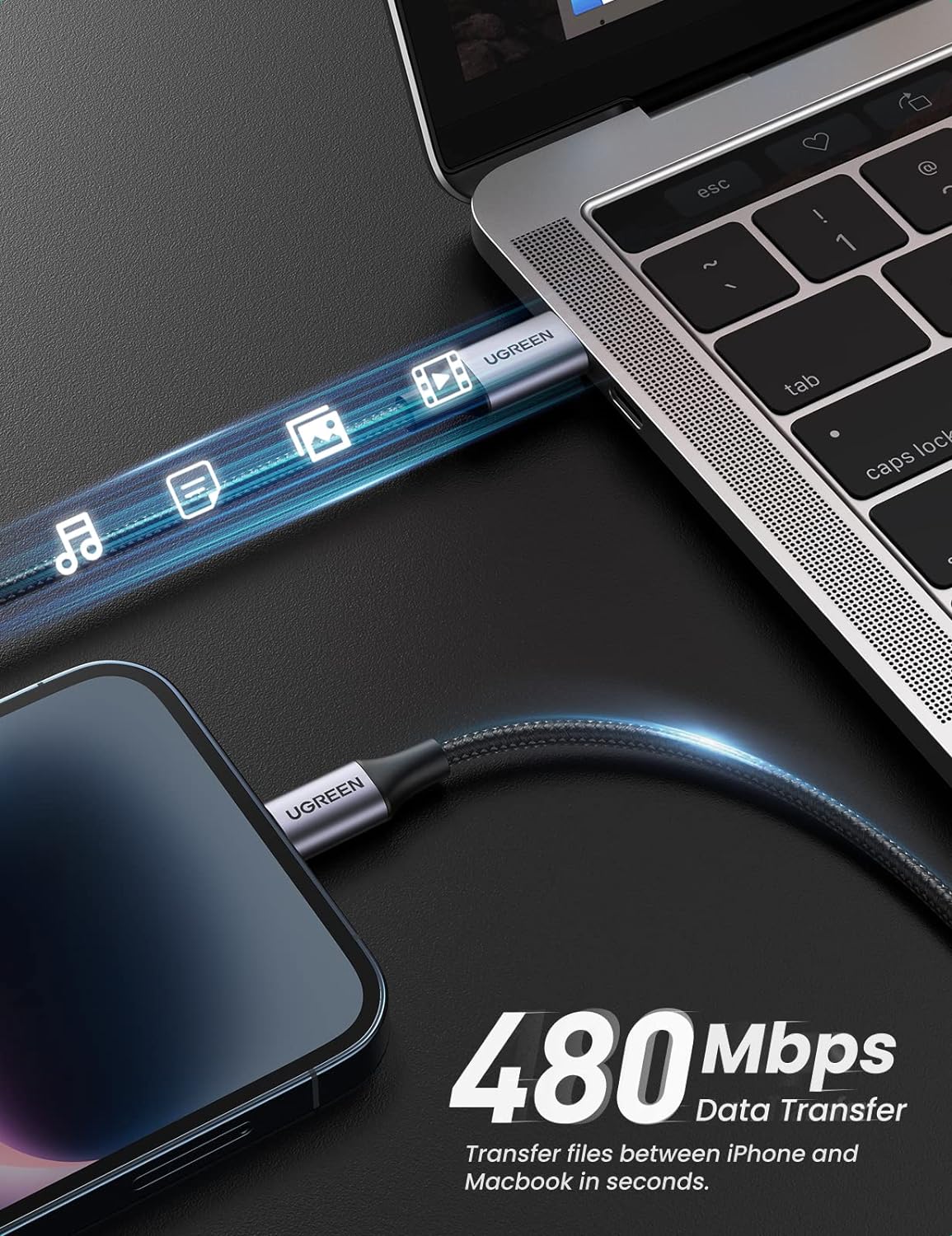 UGREEN 60761 USB-C to Lightning M/M Cable Aluminum Shell Braided 2m (Black) US304