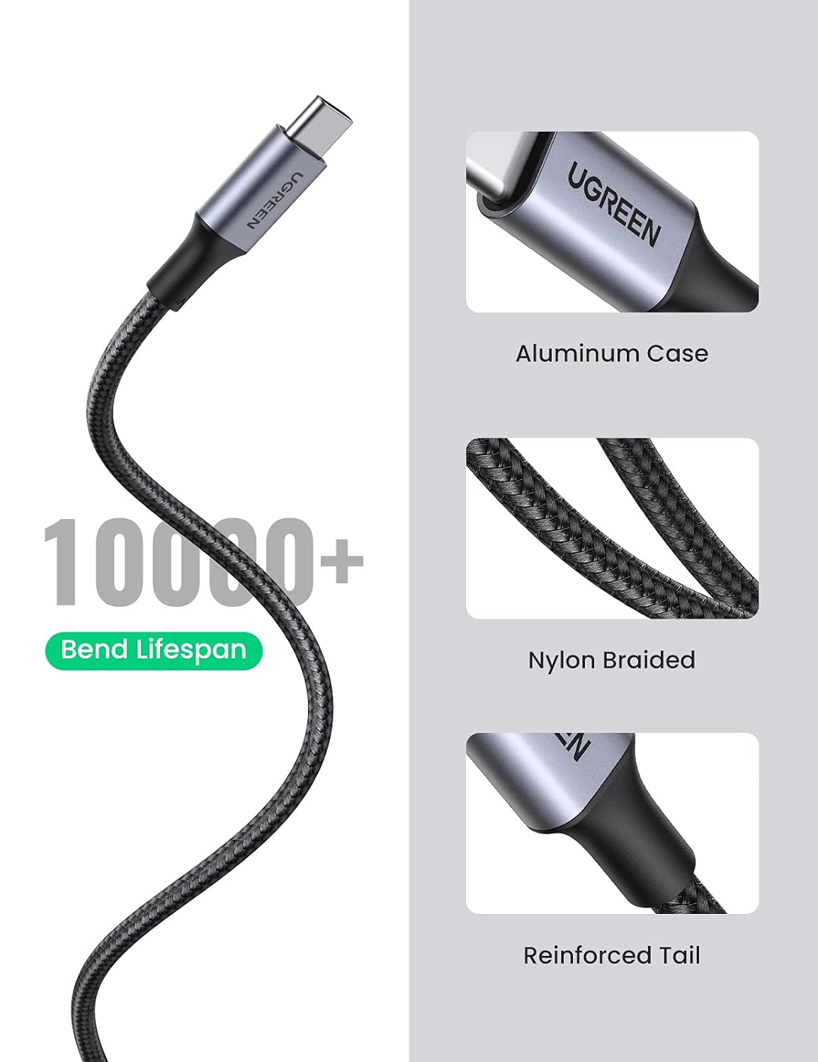 UGREEN 60126 USB-A 2.0 to USB-C Cable Nickel Plating Aluminum Braid 1m (Black) US288
