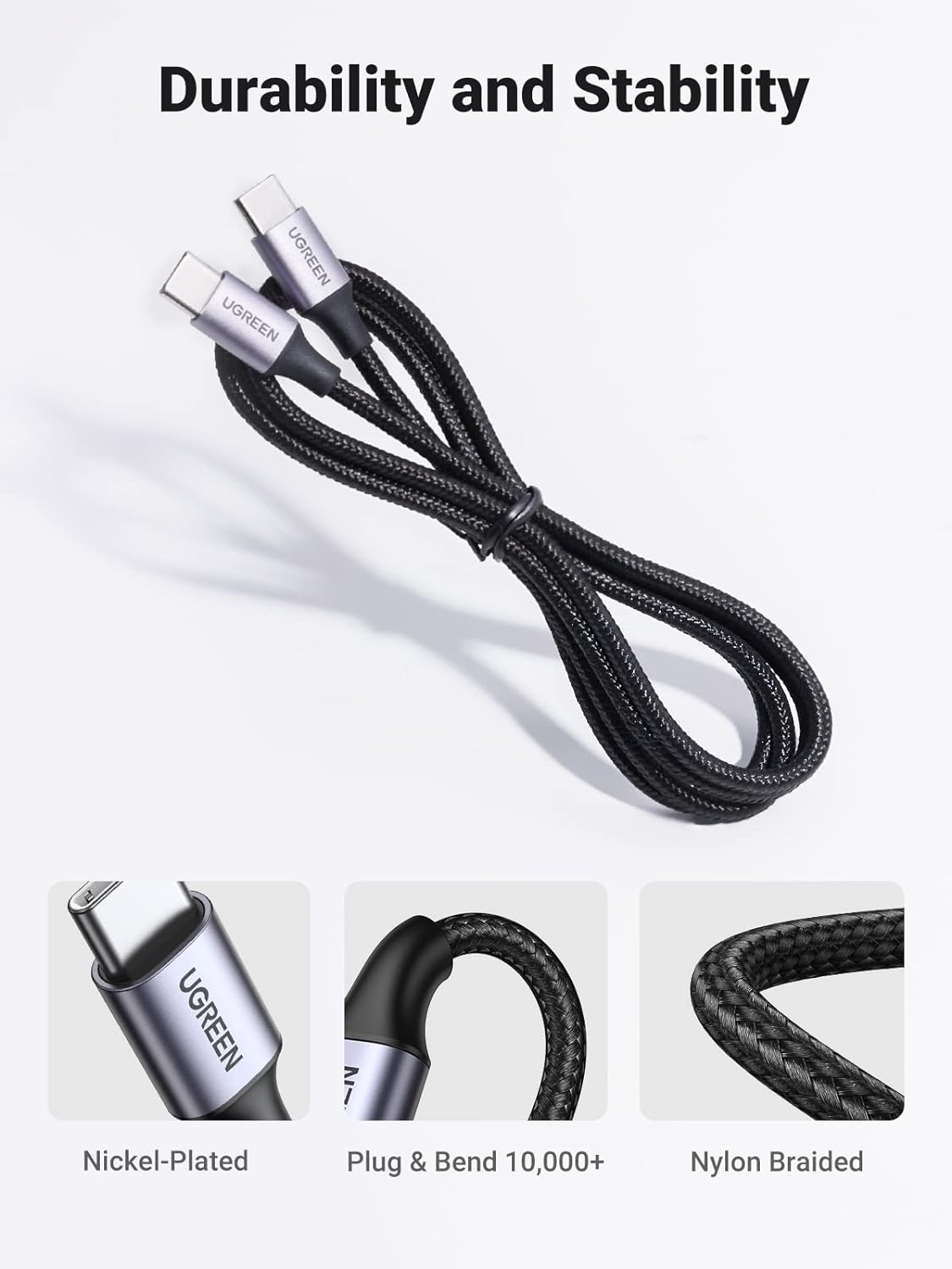 UGREEN 50150 USB 2.0 C M/M Round Cable Nickel Plating Aluminium Shell 1m (Grey Black) US261