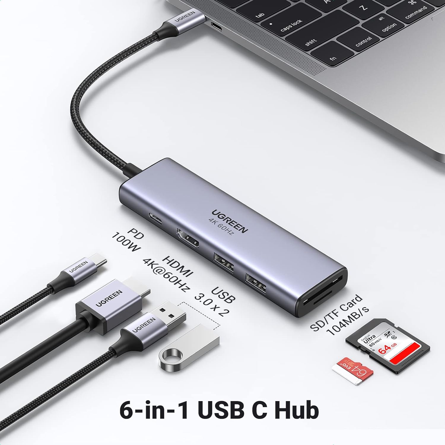 UGREEN 6in1 multifunctional USB Type C HUB - 2x USB 3.2 Gen 1 / HDMI 4K 60Hz / SD and TF card reader / USB Type C PD 100W (60384 CM511)