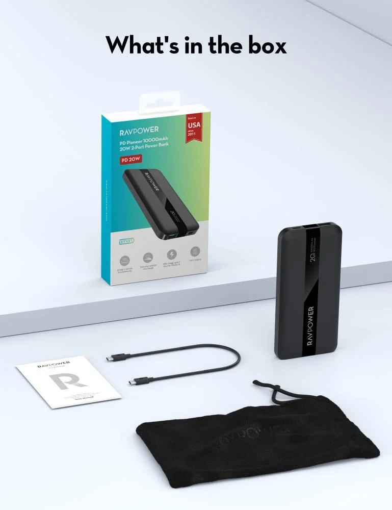 RAVPower Power Bank 10000mAh 20W Battery with Type-C port and USB-A Port - Black