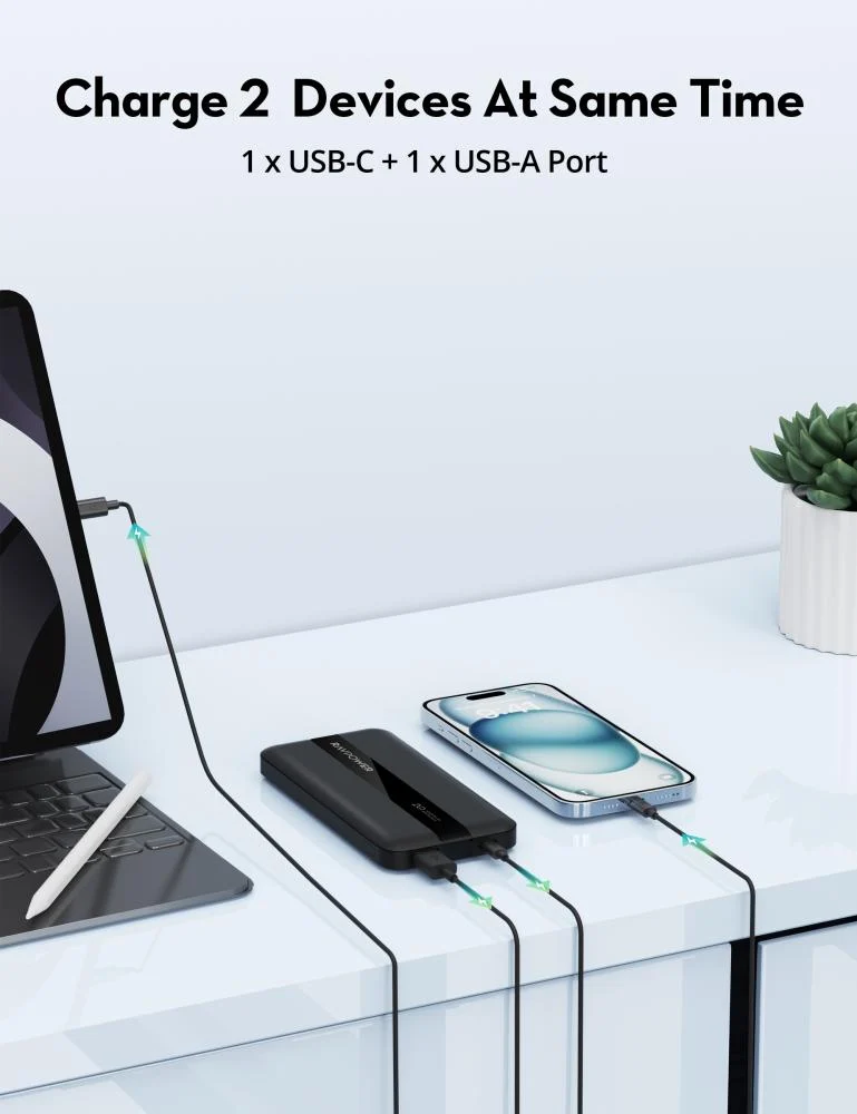 RAVPower Power Bank 10000mAh 20W Battery with Type-C port and USB-A Port - Black