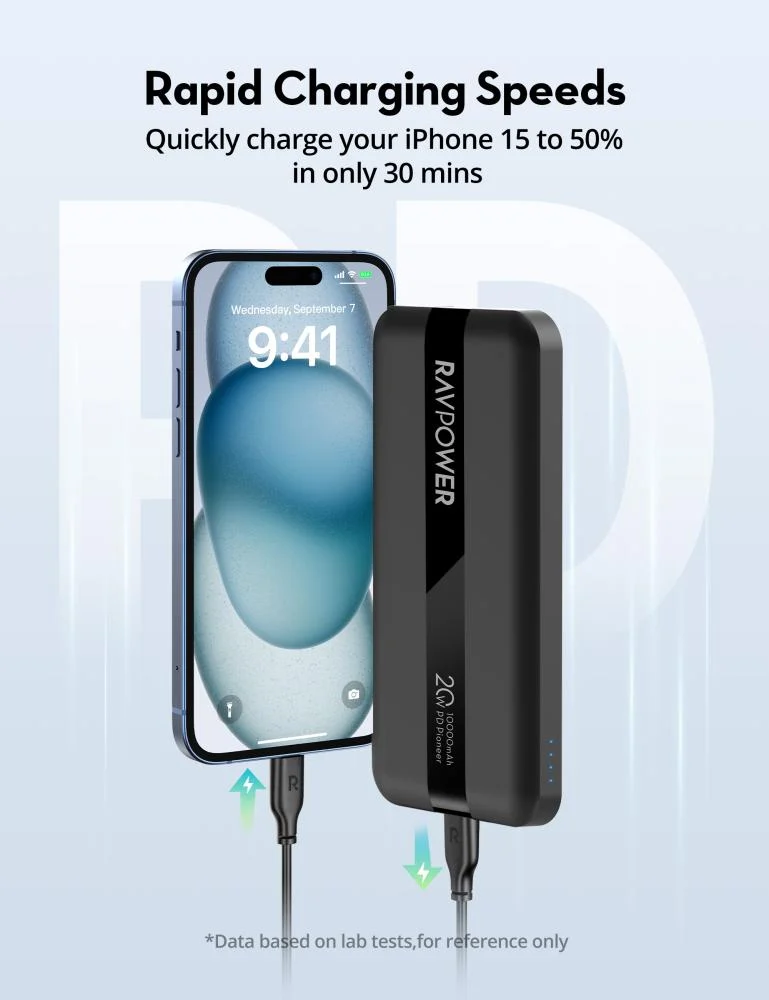 RAVPower Power Bank 10000mAh 20W Battery with Type-C port and USB-A Port - Black